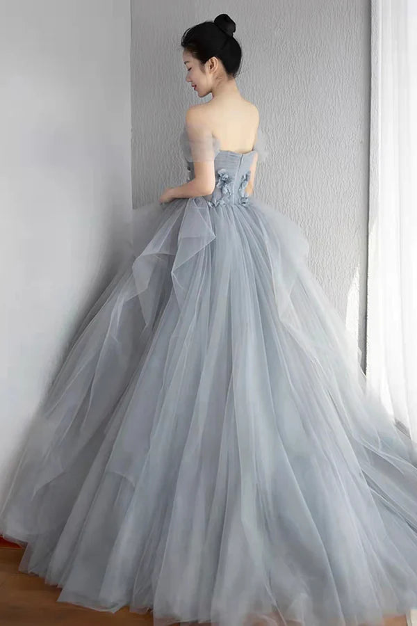 Gray Tulle Layers Long Prom Dress A-Line Strapless Formal Evening Dress