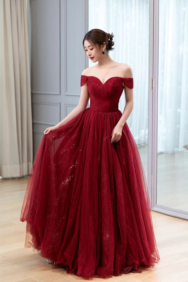 Burgundy Off the Shoulder Long Prom Dress Elegant Tulle Formal Evening Dress