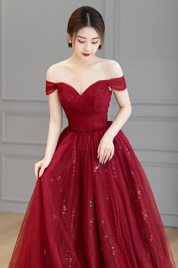 Burgundy Off the Shoulder Long Prom Dress Elegant Tulle Formal Evening Dress