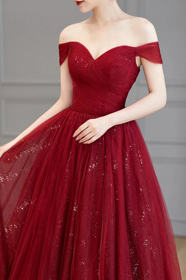 Burgundy Off the Shoulder Long Prom Dress Elegant Tulle Formal Evening Dress
