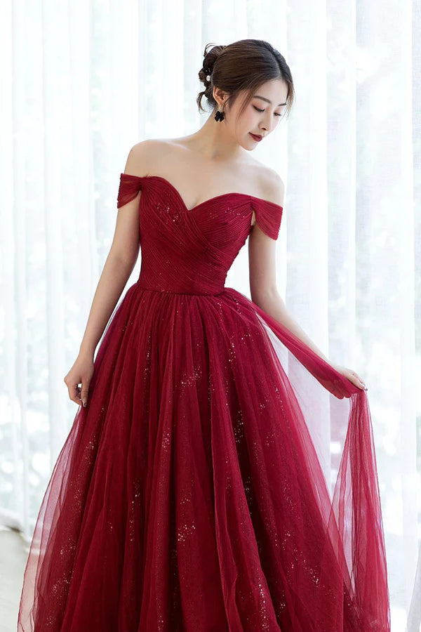 Burgundy Off the Shoulder Long Prom Dress Elegant Tulle Formal Evening Dress