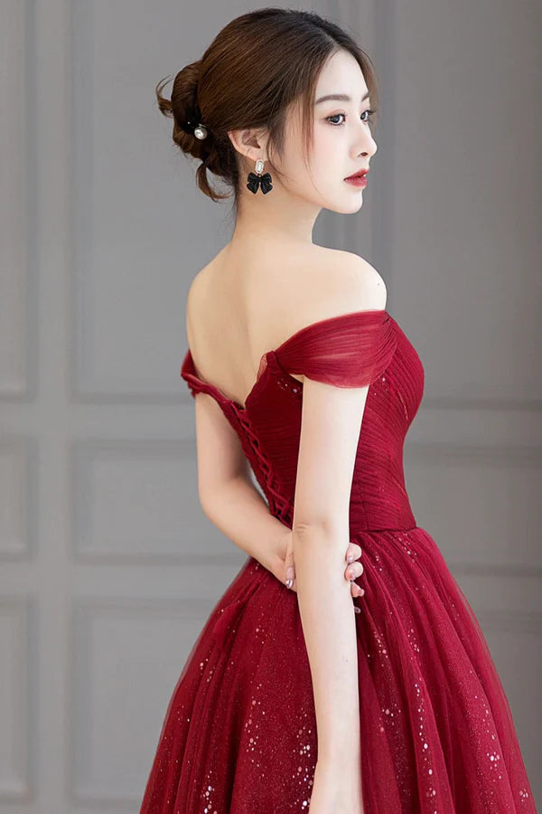 Burgundy Off the Shoulder Long Prom Dress Elegant Tulle Formal Evening Dress