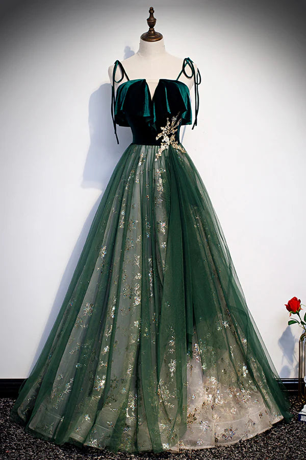 Green Tulle Long A-Line Prom Dress Green Spaghetti Straps Graduation Dress