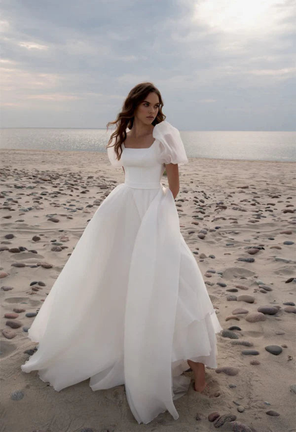 Buyishang Charming A-Line Square Neck Short Sleeves Wedding Dresses with Train