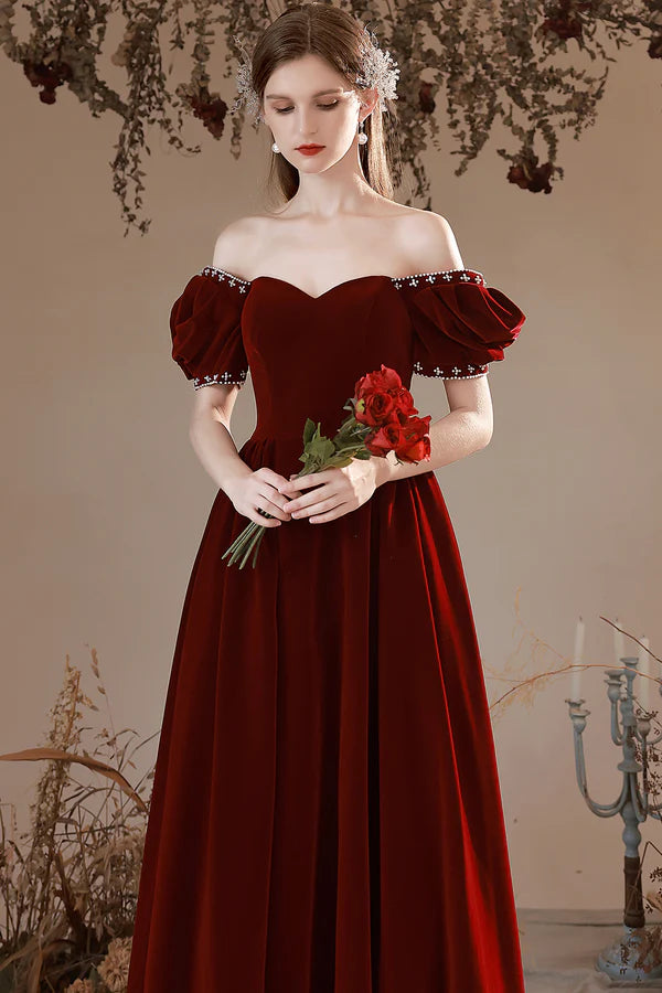 Burgundy Velvet Long Formal Dress A-Line Short Sleeve Evening Party Dress