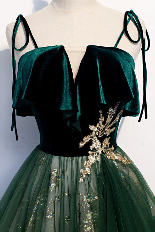 Green Tulle Long A-Line Prom Dress Green Spaghetti Straps Graduation Dress