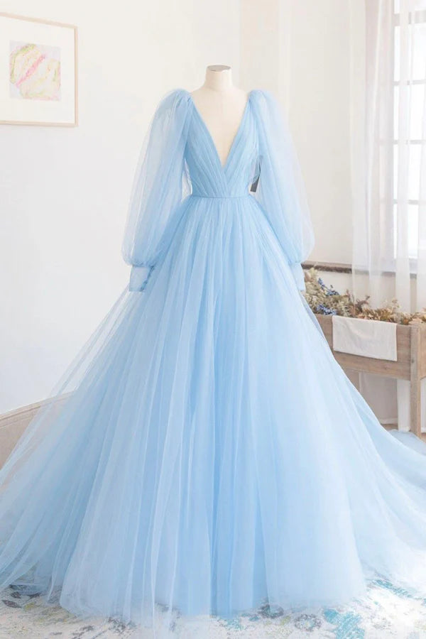 Blue V-Neck Tulle Long Prom Dress A-Line Long Sleeve Evening Dress
