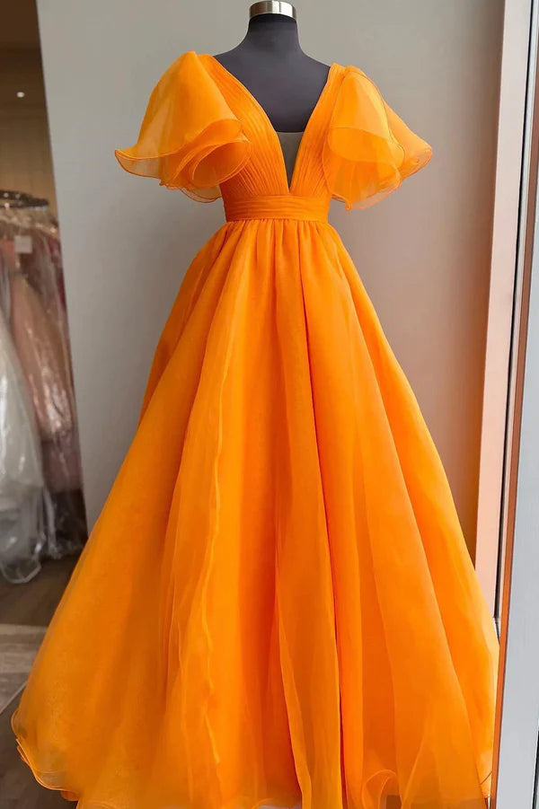 Orange V-Neck Long Prom Dress Beautiful A-Line Short Sleeve Evening Dress