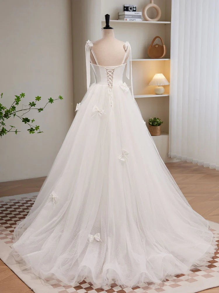 Buyishang White A-line Tulle Long Prom Dress White Tulle Formal Dress