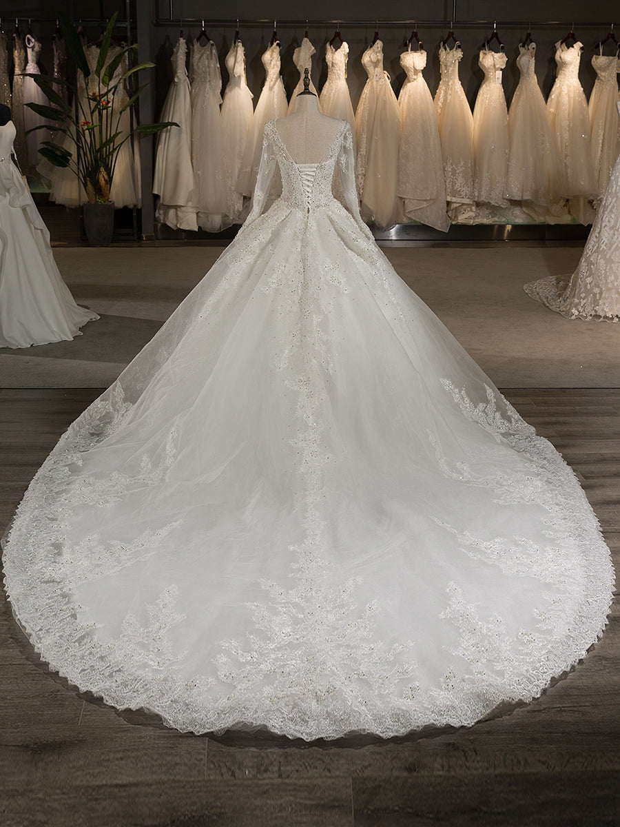 Long Sleeves Tulle Applique With Beading Chapel Train Ball Gown Wedding Dresses