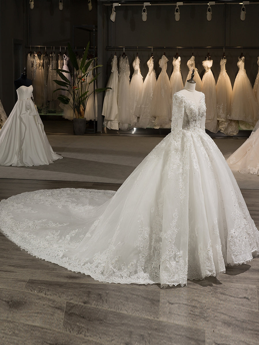 Long Sleeves Tulle Applique With Beading Chapel Train Ball Gown Wedding Dresses