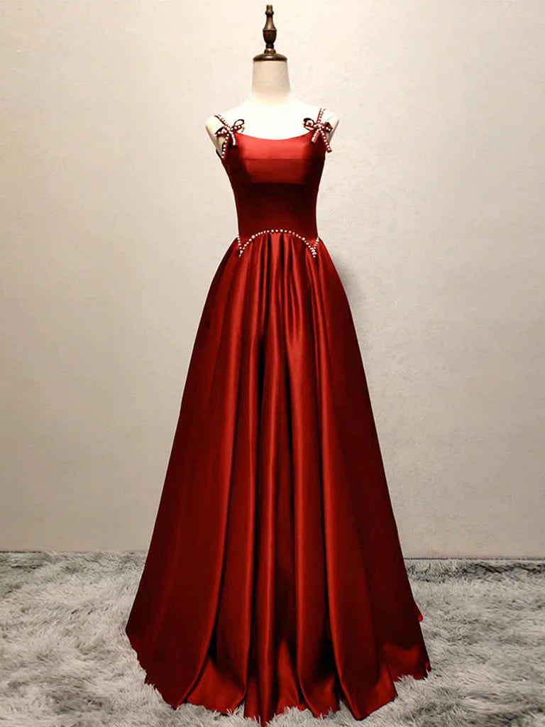 Buyishang A-Line Satin Burgundy Long Prom Dress Burgundy Long Formal Dress