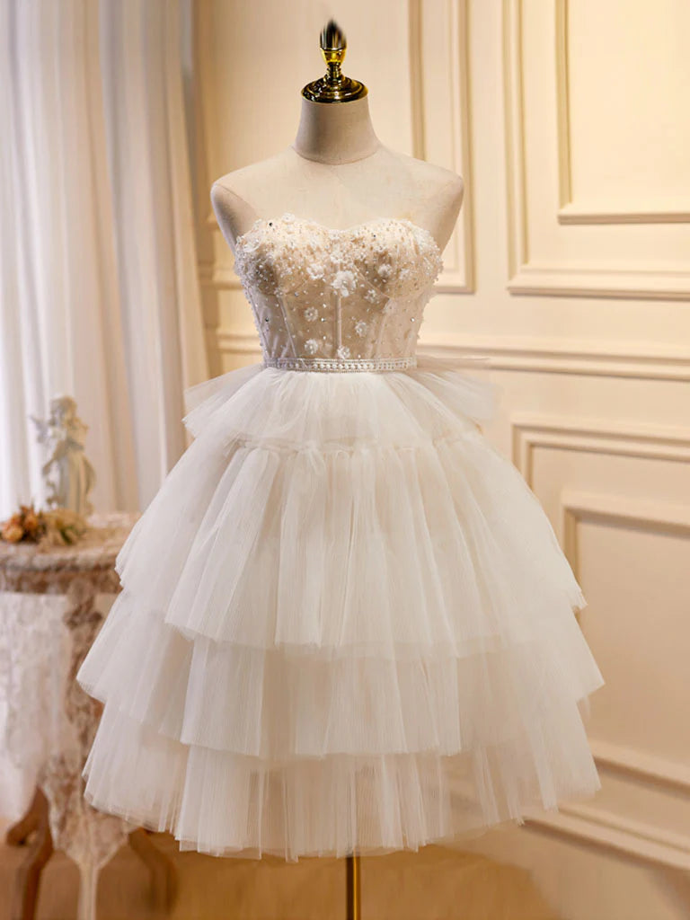 Buyishang Beige Sweetheart Neck Tulle Puffy Short Prom Dress Beige Homecoming Dress