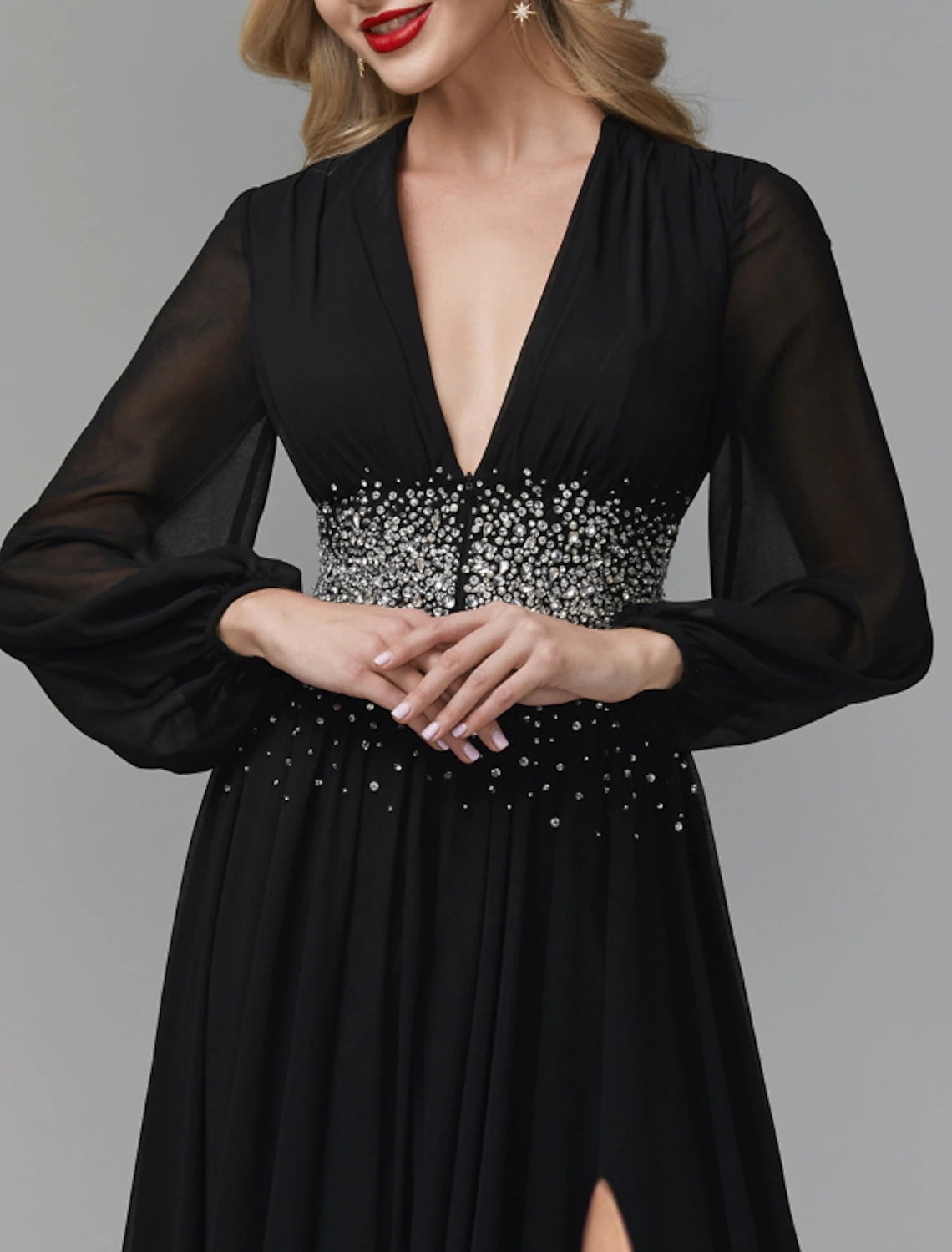 A-Line Evening Gown Luxurious Dress Party Wear Formal Evening Floor Length Long Sleeve V Neck Tulle with Pleats Sequin Slit