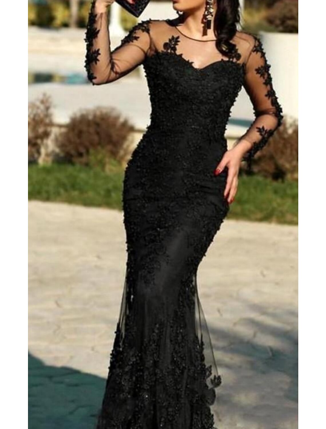 Mermaid / Trumpet Evening Gown Elegant Dress Wedding Guest Formal Evening Sweep / Brush Train Long Sleeve Illusion Neck Polyester with Lace Insert Appliques