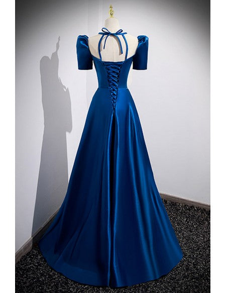 Royal Blue Aline Long Cute Prom Dress with Illusion Square Neckline