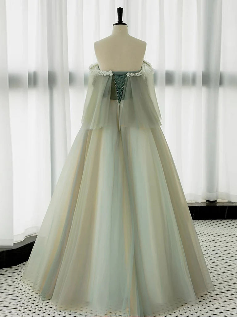 Buyishang A-Line Green Tulle Lace Long Prom Dress Green Tulle Lace Long Formal Dress