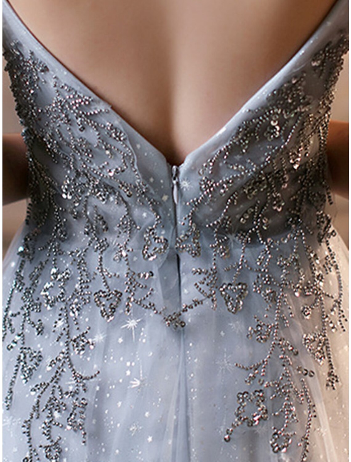 A-Line Sparkle Elegant Prom Formal Evening Dress V Neck Sleeveless Floor Length Tulle with Pleats Beading