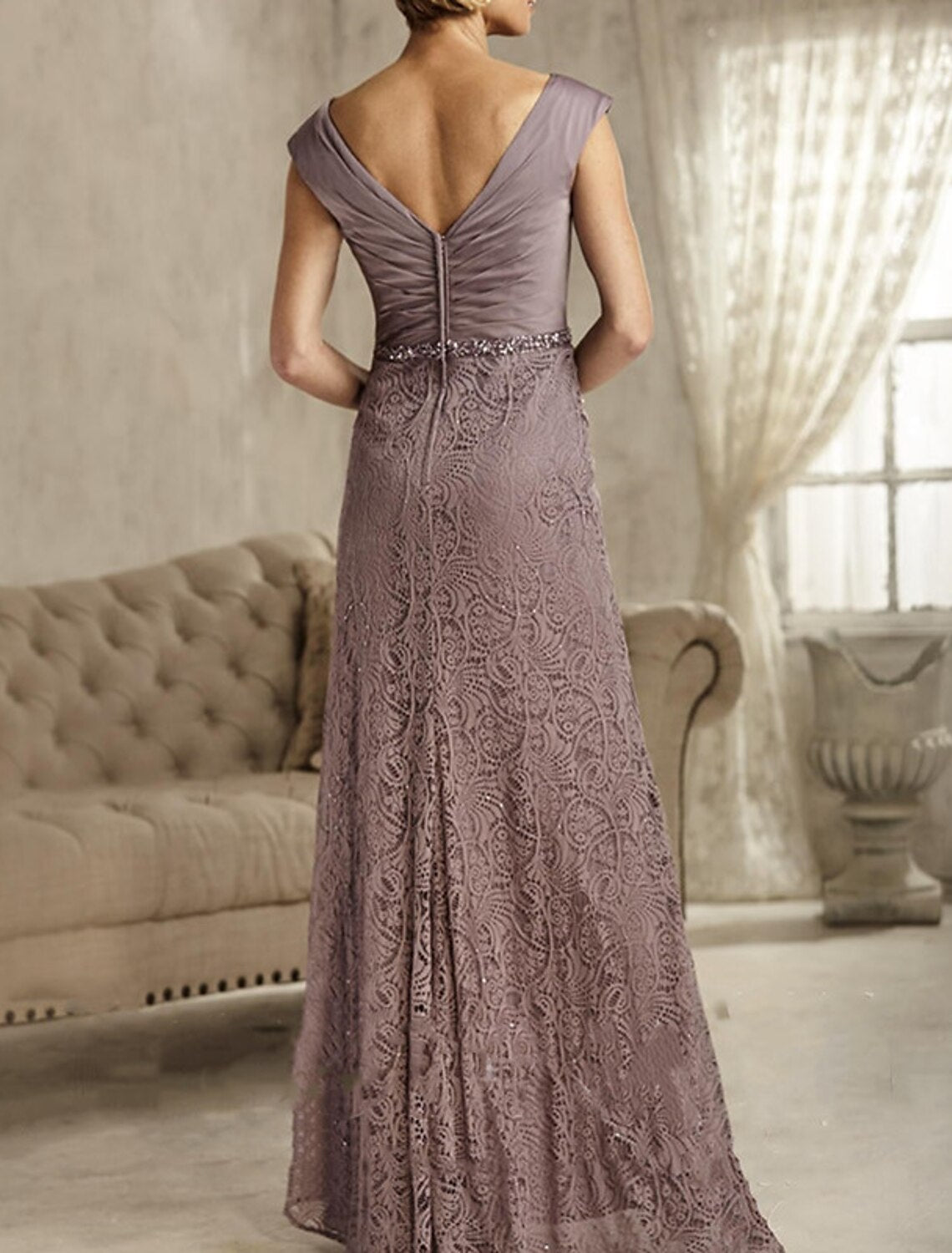 A-Line Mother of the Bride Dress Wedding Guest Simple Elegant V Neck Floor Length Chiffon Satin Lace Sleeveless with Sash / Ribbon Appliques