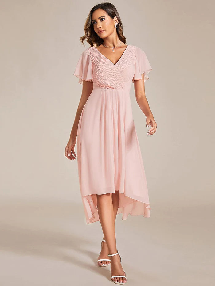 Chic V Neck Asymmetrical Hem Ruffles Sleeve Pleated Chiffon Wedding Guest Dress/Prom  Dresses