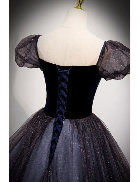 Retro Bubble Sleeves Bling Ballgown Prom Dress with Square Neckline