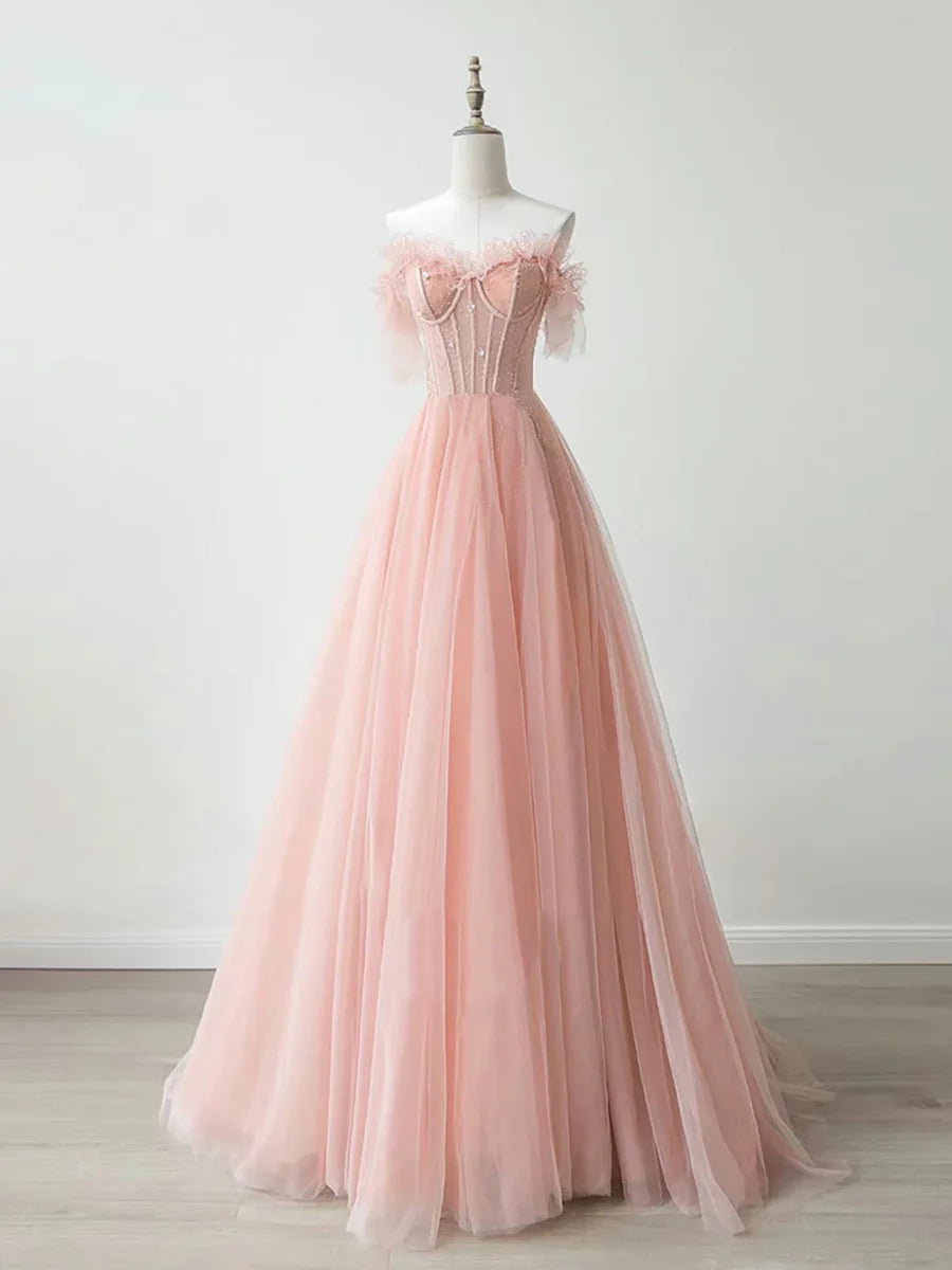 Buyishang A-Line Sweetheart Neck Tulle Lace Pink Long Prom Dress Pink Formal Dress