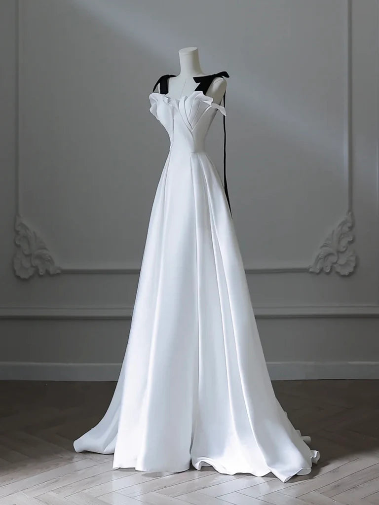 Buyishang Simple A-Line Satin White Long Prom Dress White Long Formal Dress