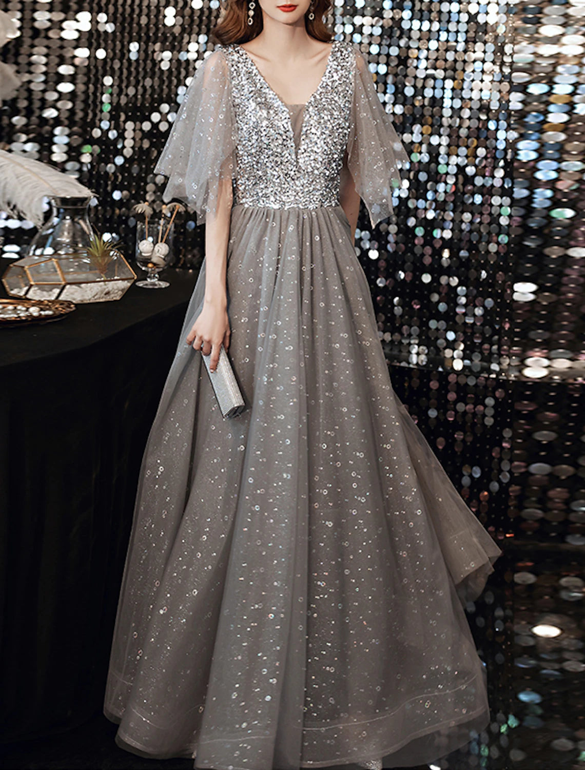 A-Line Evening Gown Sparkle Dress Wedding Guest Formal Evening Floor Length Half Sleeve V Neck Tulle with Sequin Splicing