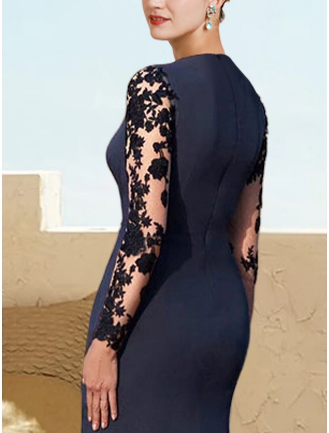 Mermaid / Trumpet Mother of the Bride Dress Wedding Guest Elegant V Neck Sweep / Brush Train Stretch Chiffon Long Sleeve with Lace Ruching