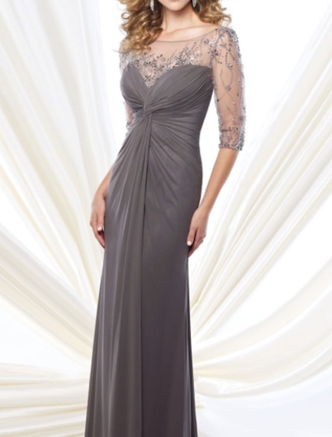 Sheath / Column Mother of the Bride Dress Elegant & Luxurious Jewel Neck Floor Length Chiffon Tulle 3/4 Length Sleeve with Beading Ruching