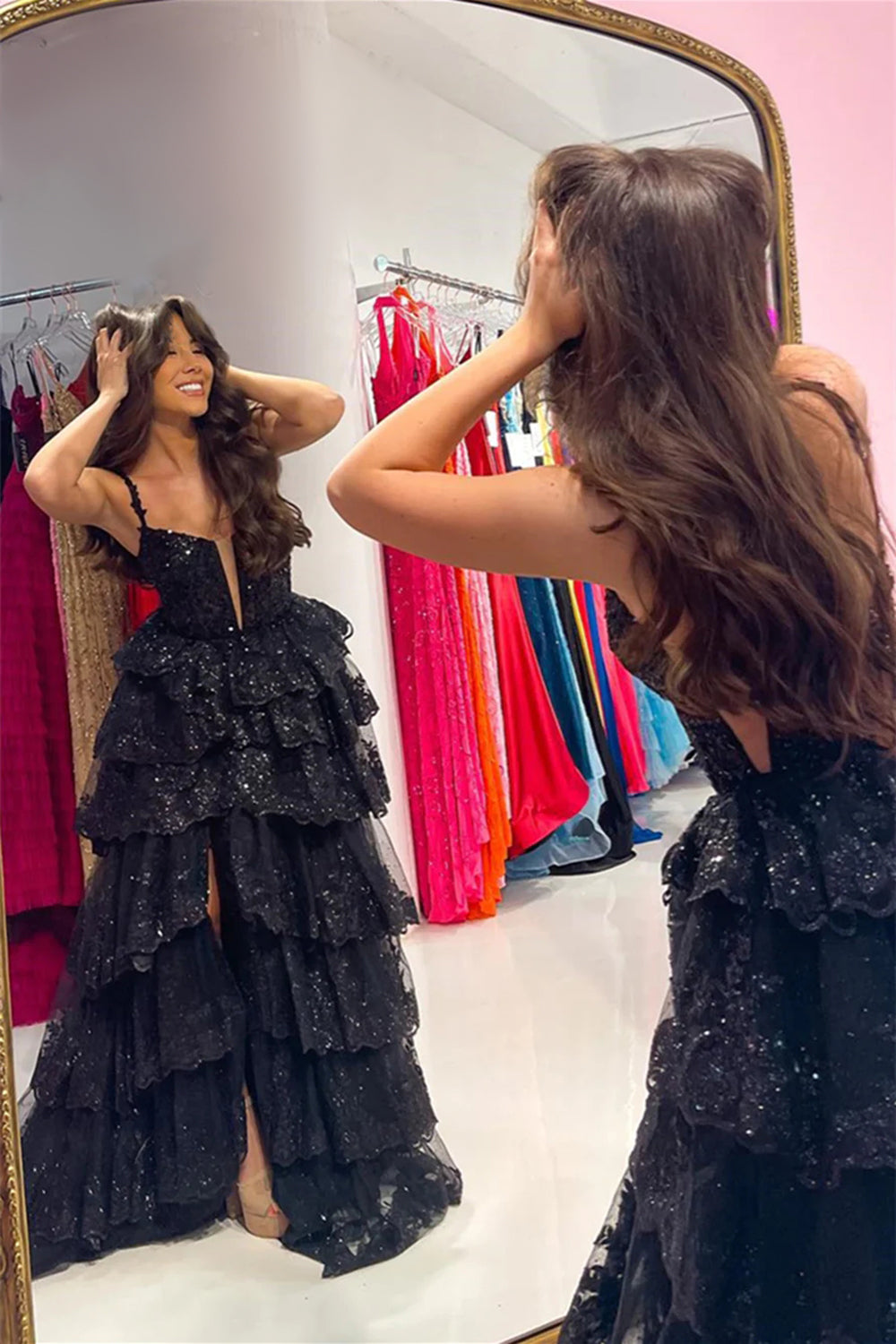 Luxurious A Line Spaghetti Straps Black Corset Prom Dress with Ruffles