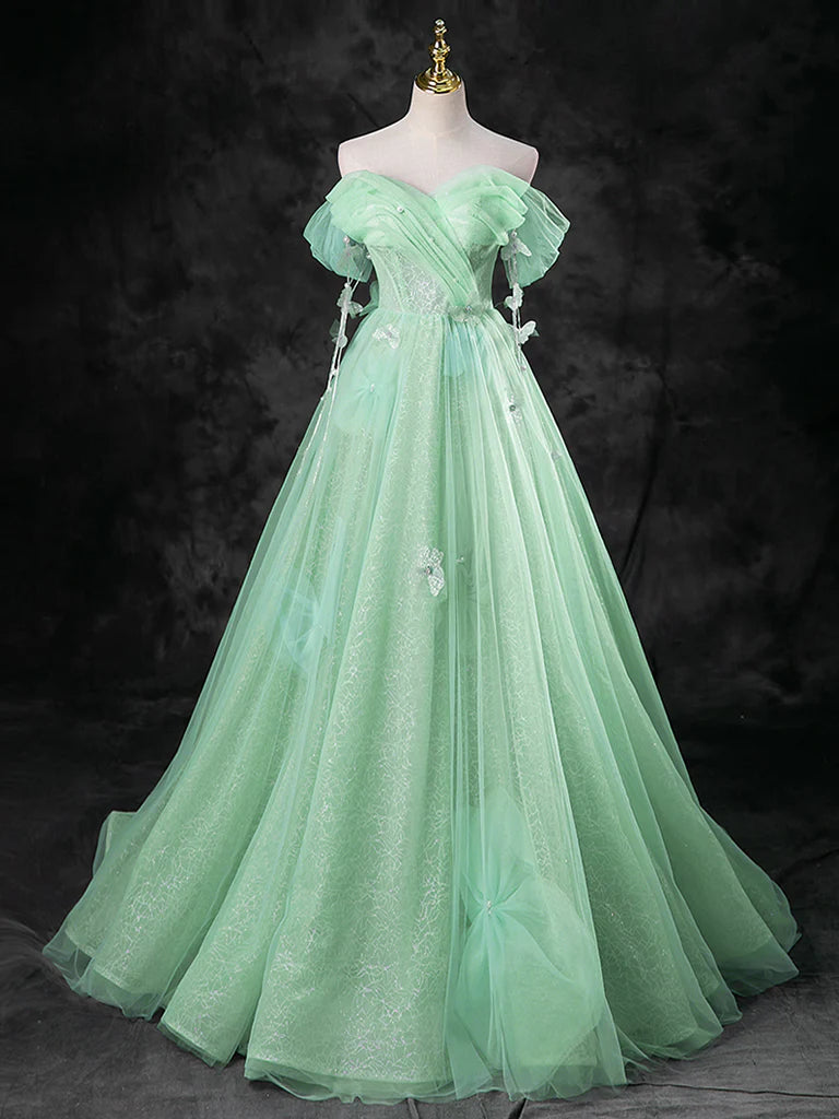 Buyishang Green A-Line Off Shoulder Tulle Long Prom Dress Green Long Formal Dress