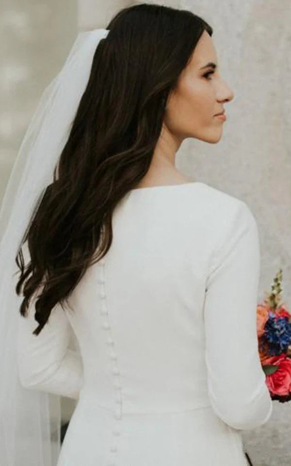 Buyishang Satin Chapel Train Mermaid Long Sleeve Wedding Dress
