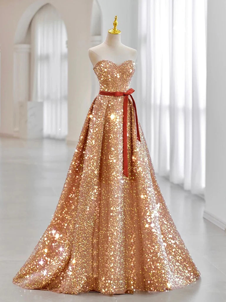 Buyishang A-Line Sweetheart Neck Velvet Sequin Champagne Gold Long Prom Dress