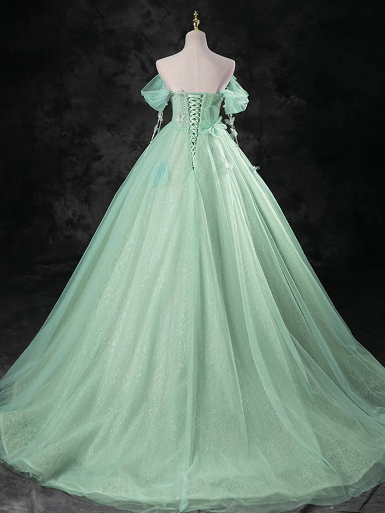 Buyishang Green A-Line Off Shoulder Tulle Long Prom Dress Green Long Formal Dress