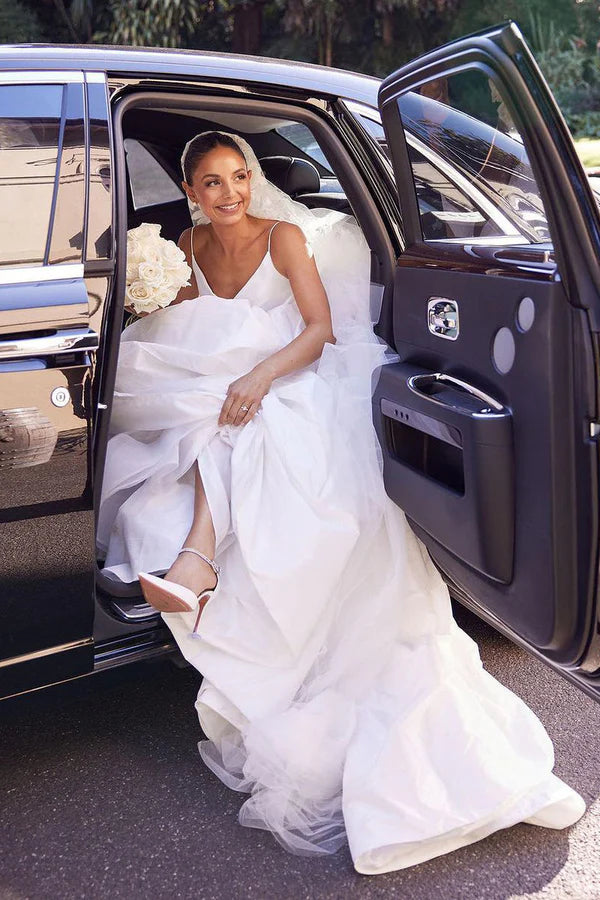 Buyishang A-Line White Satin Spaghetti Straps Backless Wedding Dresses