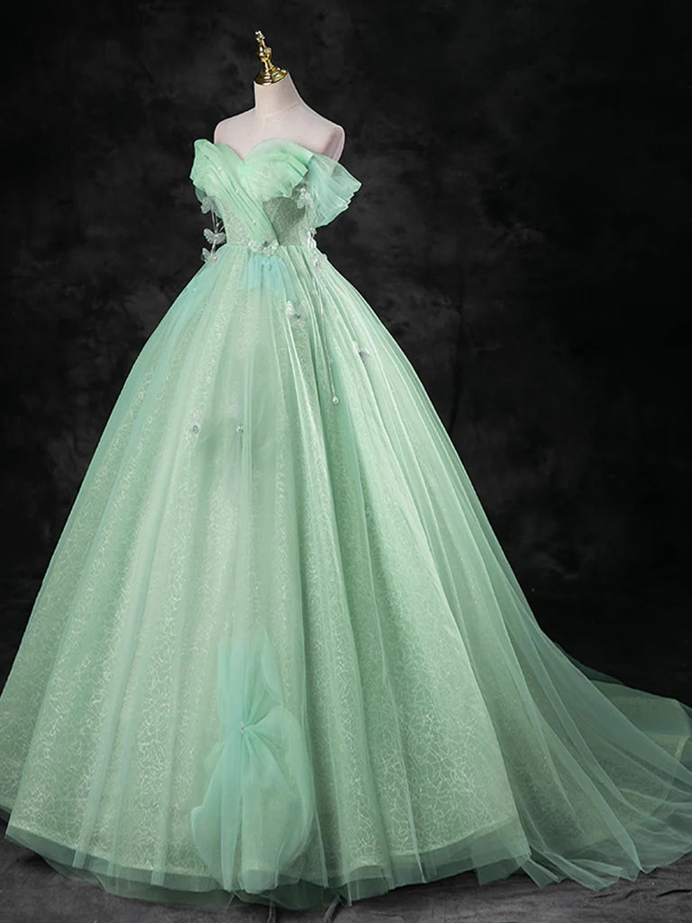 Buyishang Green A-Line Off Shoulder Tulle Long Prom Dress Green Long Formal Dress