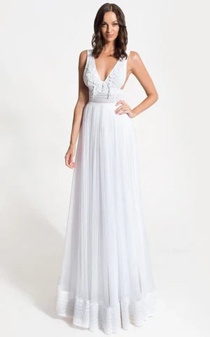 Buyishang Grecian A-Line V-neck Lace Tulle Wedding Dress With Open Back And Appliques