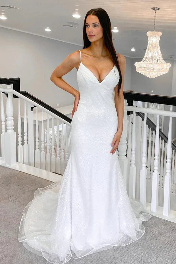 Buyishang Sparkly Mermaid V Neck Sequins White Wedding Dresses