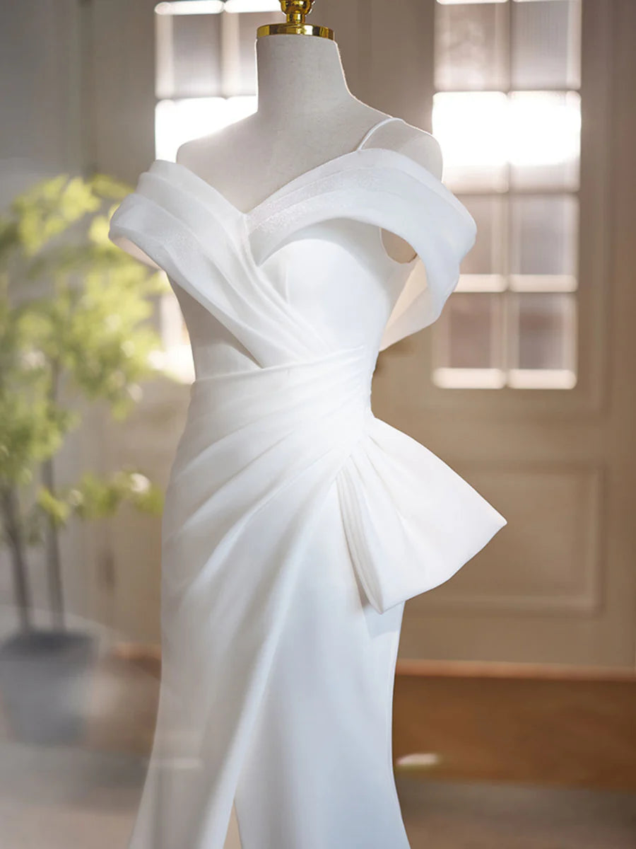 Buyishang White Off Shoulder Satin Long Prom Dress White Formal Dress