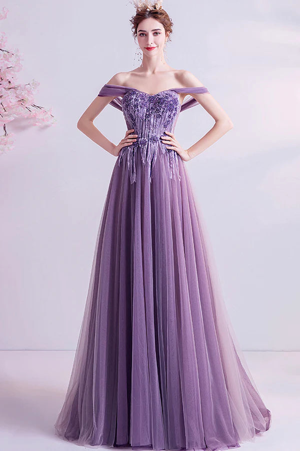 Purple Lace Long A-Line Prom Dress Off the Shoulder Floor Length Formal Dress