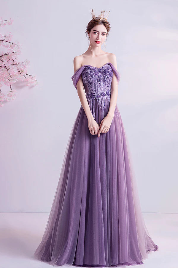Purple Lace Long A-Line Prom Dress Off the Shoulder Floor Length Formal Dress