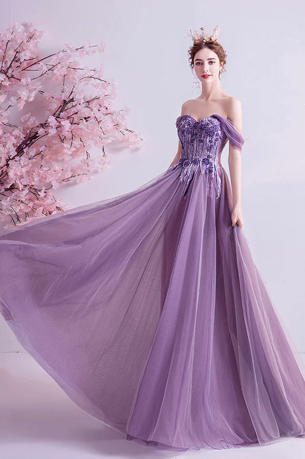 Purple Lace Long A-Line Prom Dress Off the Shoulder Floor Length Formal Dress