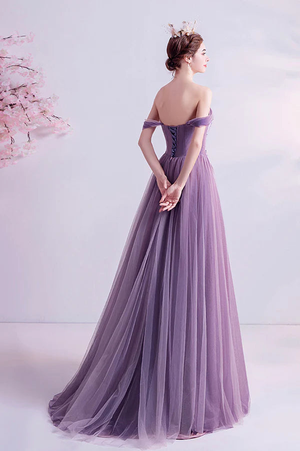 Purple Lace Long A-Line Prom Dress Off the Shoulder Floor Length Formal Dress