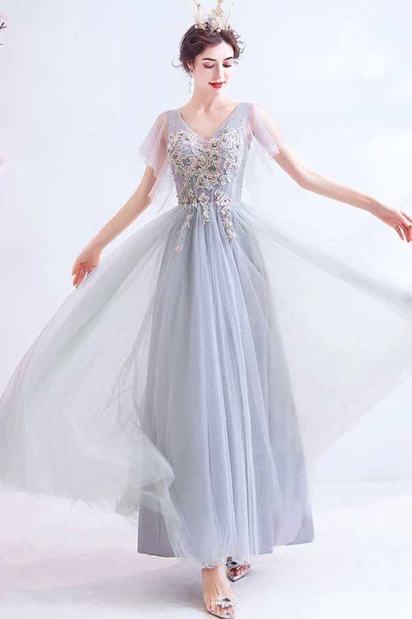 Gray V-Neck Lace Long Formal Dress A-Line Gray Evening Party Dress