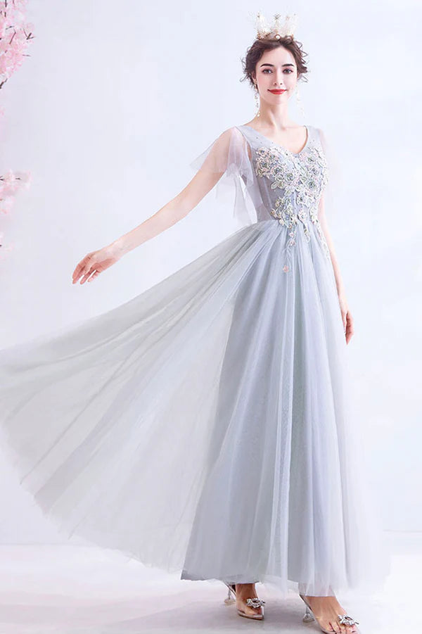 Gray V-Neck Lace Long Formal Dress A-Line Gray Evening Party Dress
