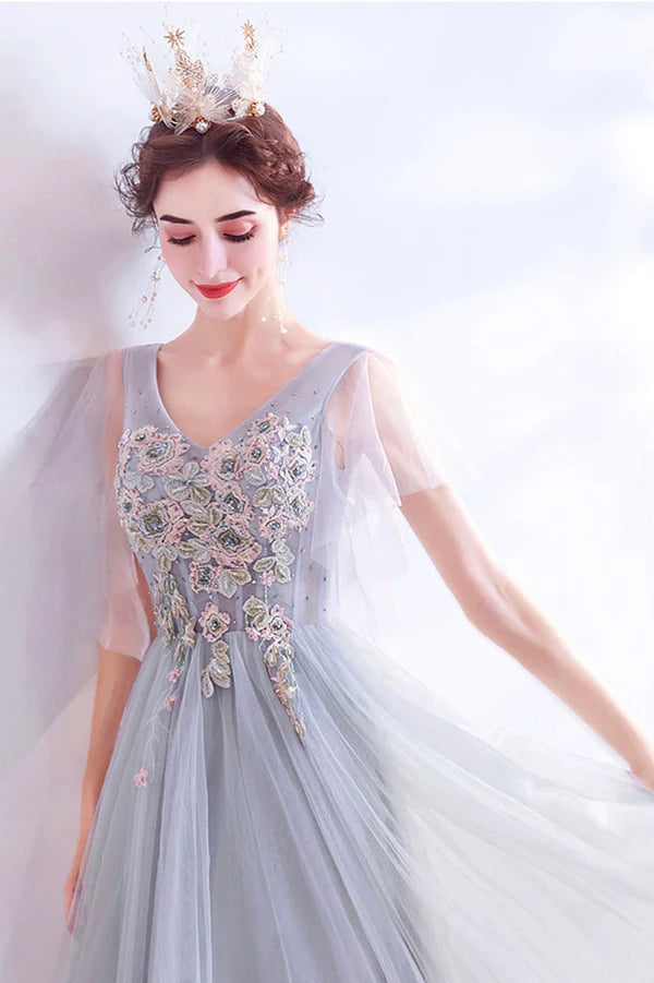 Gray V-Neck Lace Long Formal Dress A-Line Gray Evening Party Dress