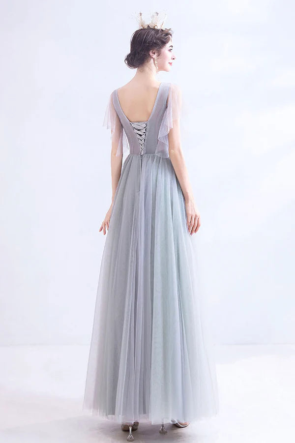 Gray V-Neck Lace Long Formal Dress A-Line Gray Evening Party Dress
