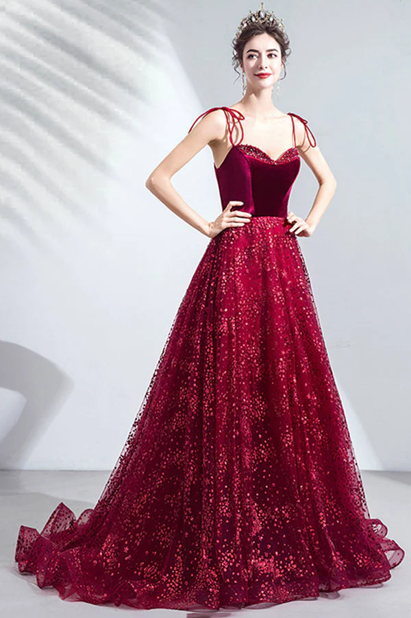 Elegant Spaghetti Strap Long Prom Dress Velvet and Tulle Formal Dress with Sequins