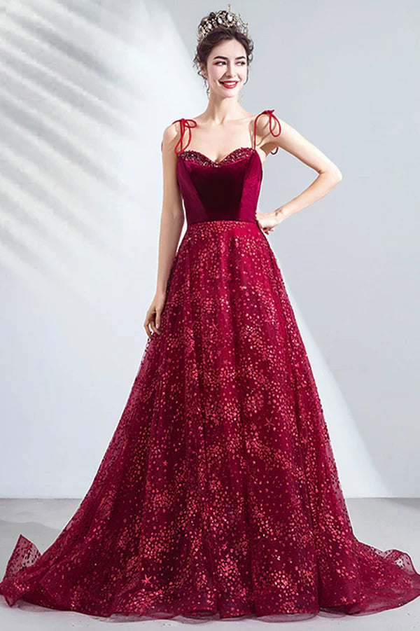 Elegant Spaghetti Strap Long Prom Dress Velvet and Tulle Formal Dress with Sequins